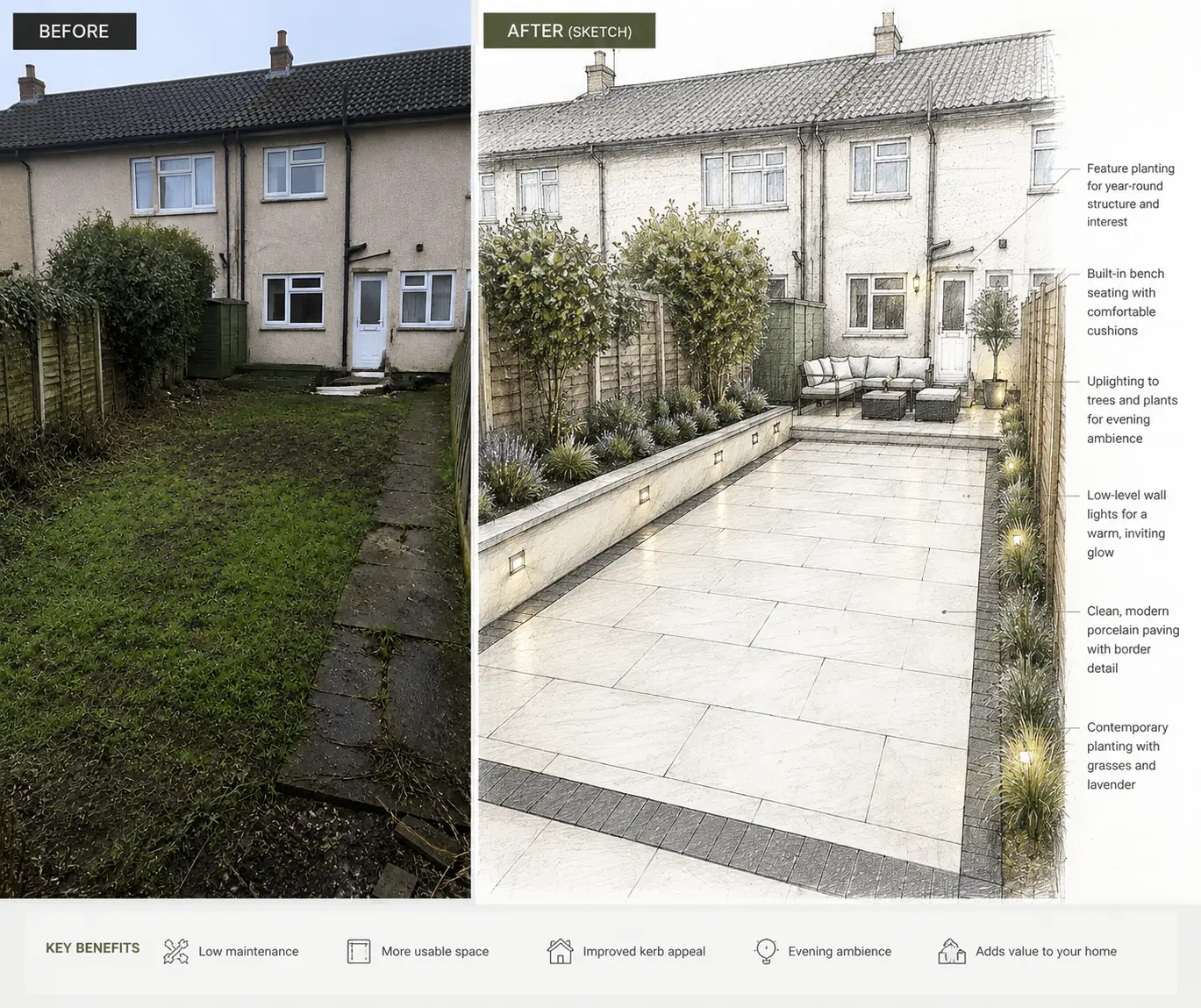 Before and after transformation of a Wirral back garden — overgrown lawn on the left, modern porcelain patio with planting and lighting on the right